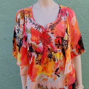 EUC STYLE & CO. Flowy Multicolored Orange & Black Tunic w/Copper Colored Studs